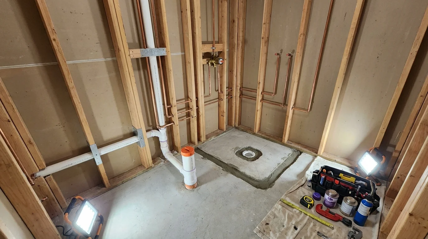 Bathroom rough-in plumbing during remodel by Johns Plumbing LLC in Highmore