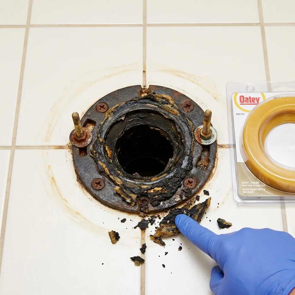 Failed wax ring showing water seepage at the base of a toilet in a Highmore, SD home