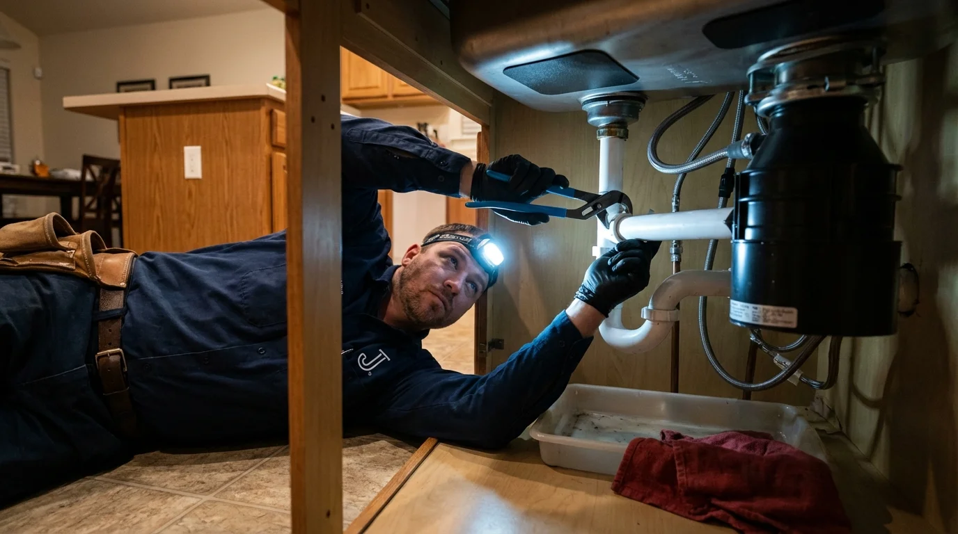 P-trap and supply line connections under a kitchen sink showing a common leak point in Highmore, SD